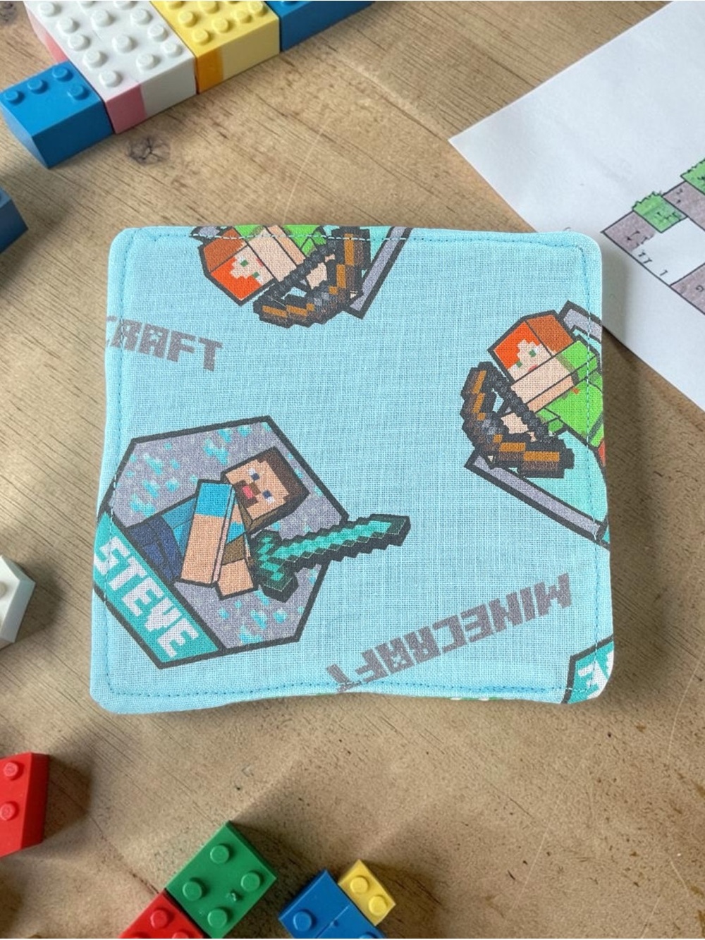 Minecraft Steve and Alex Square Fabric Coasters - Light Blue